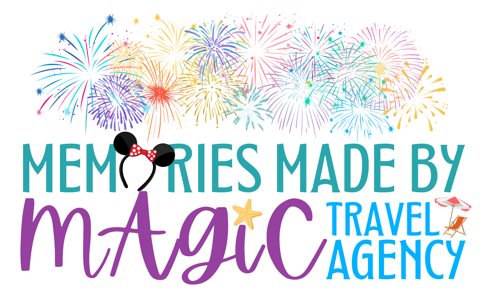 the logo for memories made by magic travel agency shows fireworks and mickey mouse ears .