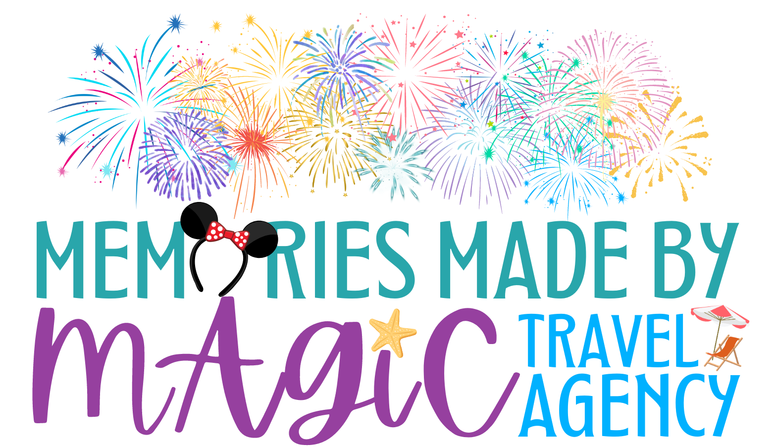 the logo for memories made by magic travel agency shows fireworks and mickey mouse ears .