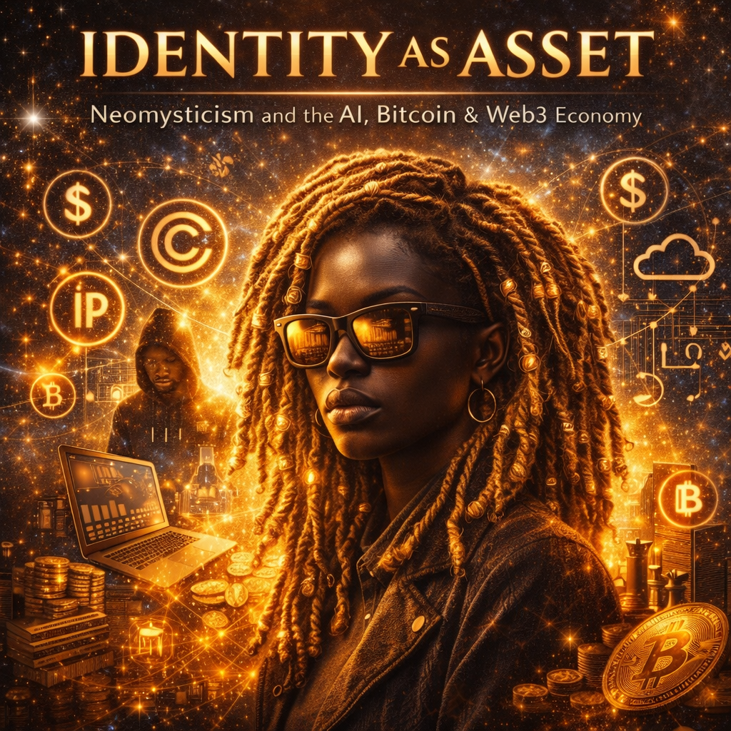 Woman with dreadlocks, glasses, amid digital assets, and title
