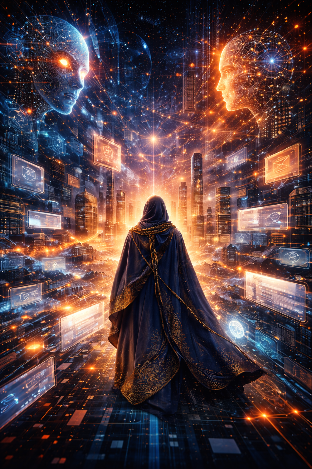 Mysterious figure in dark robes stands amidst a futuristic cityscape with glowing data streams and celestial faces.