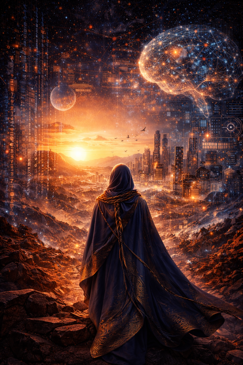 A robed figure looks out at a futuristic cityscape with a glowing brain-shaped structure in the sky, at sunset.