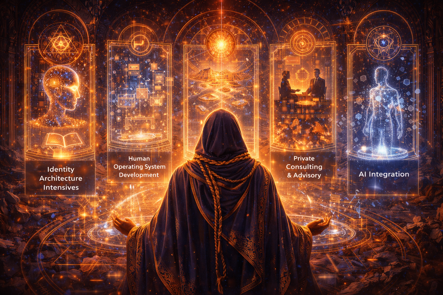 Mystic figure in robe facing glowing panels: consciousness, knowledge, connection, and action.