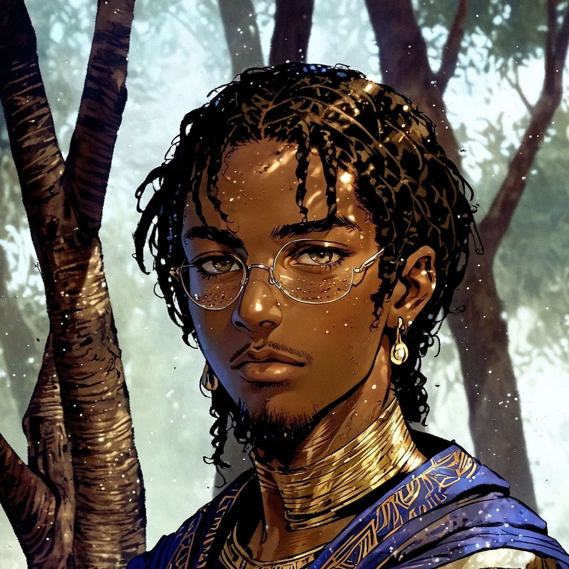 Person with braided hair and glasses outdoors, gold jewelry, blue clothing, looking forward.