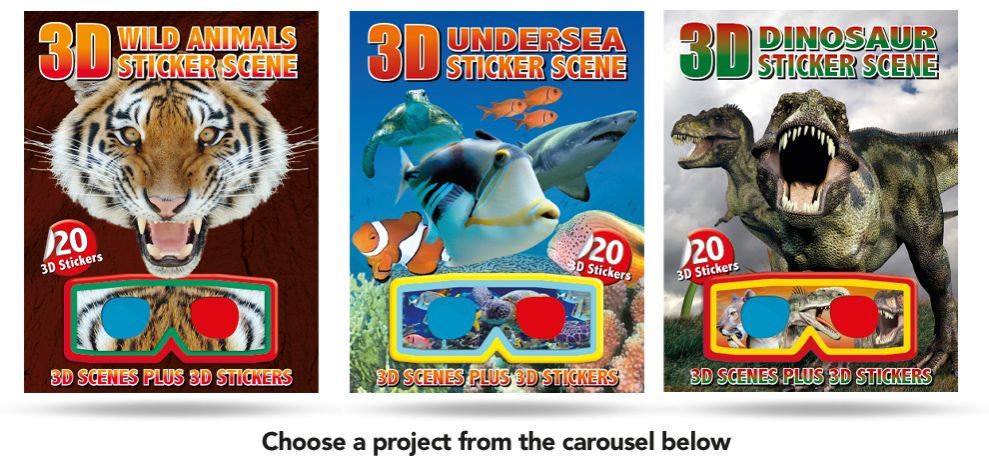 three 3d stickers with animals and dinosaurs on them