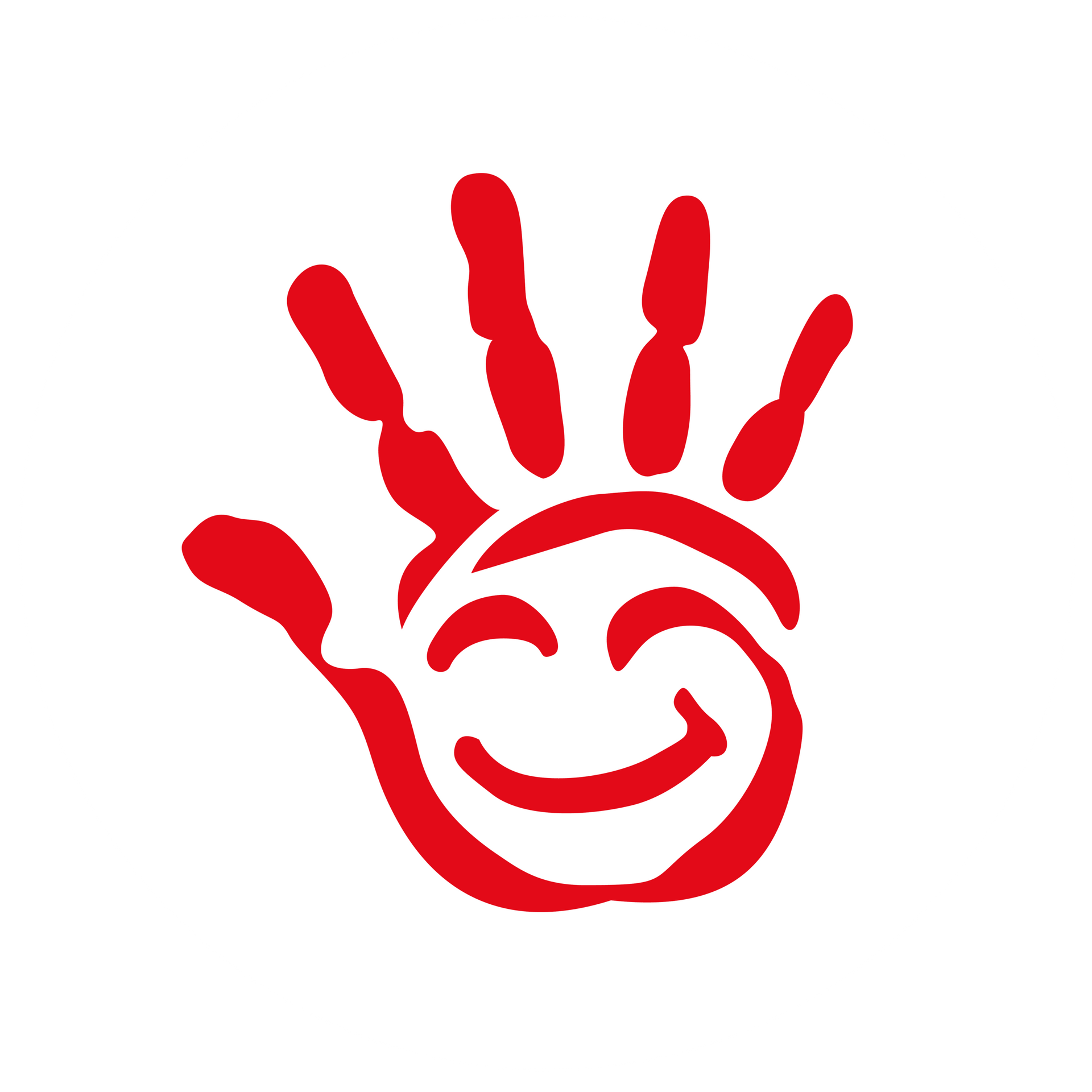 a red hand with a smiling face on it