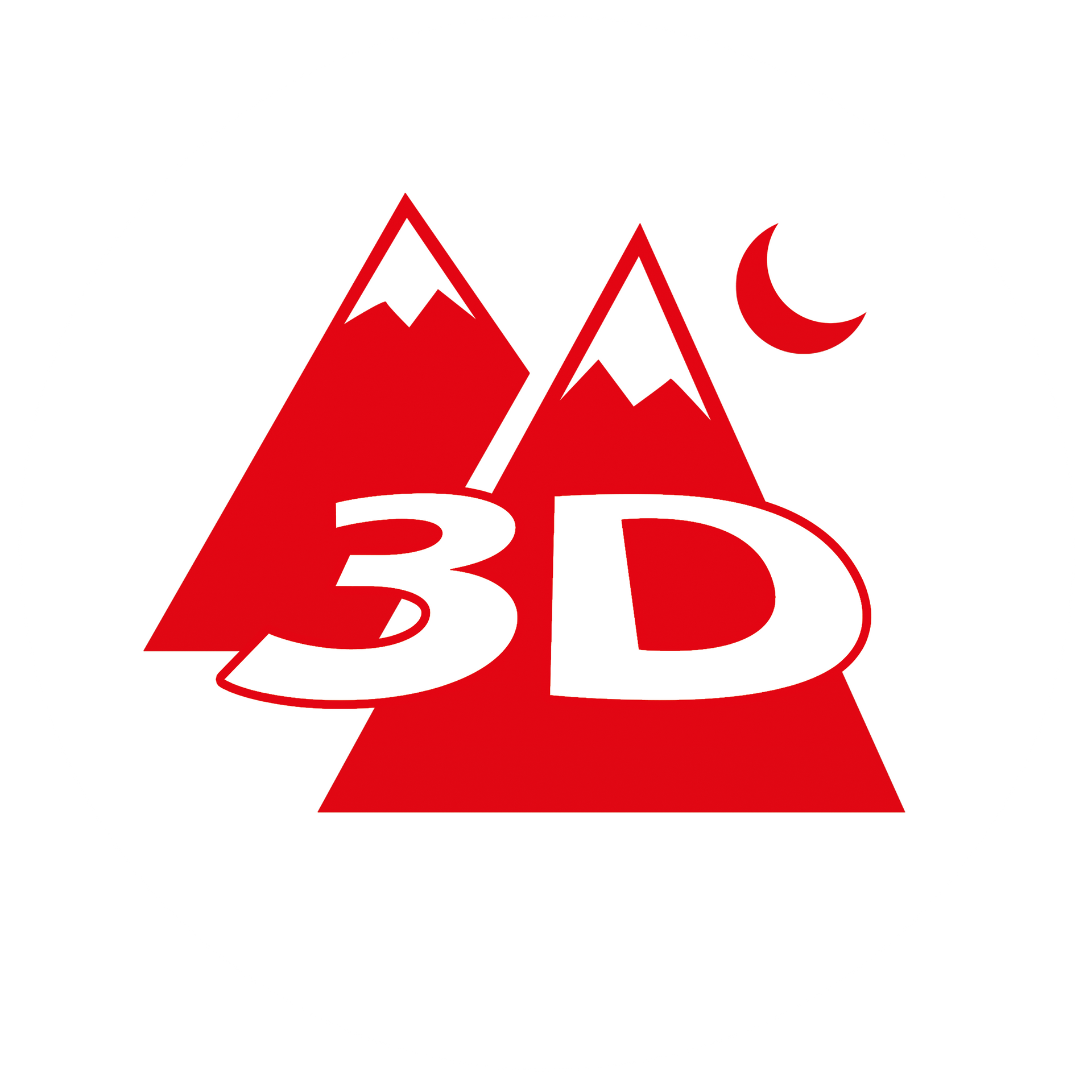 a red and white 3d logo with mountains and a crescent moon