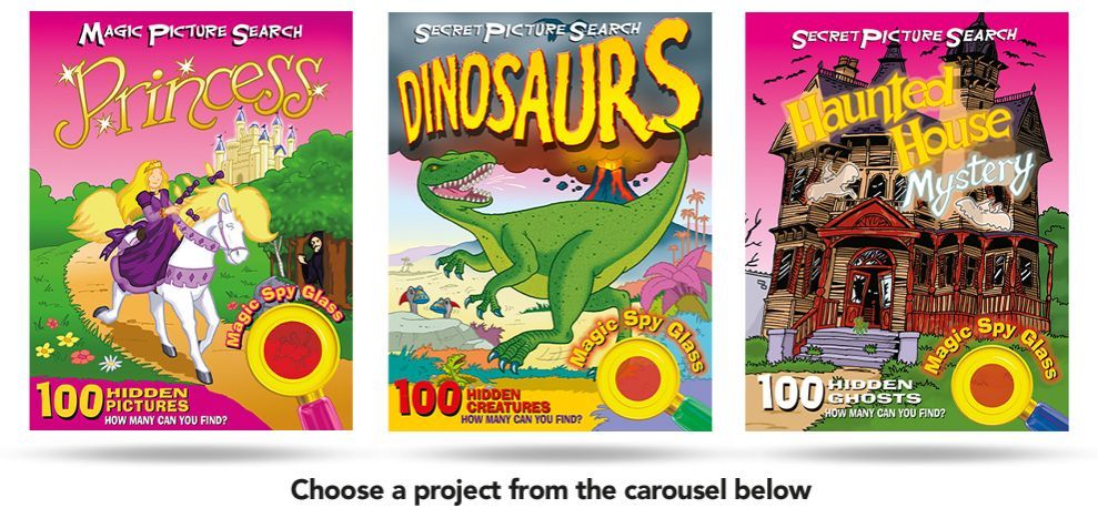 a princess , dinosaurs , and haunted house books are displayed on a carousel .