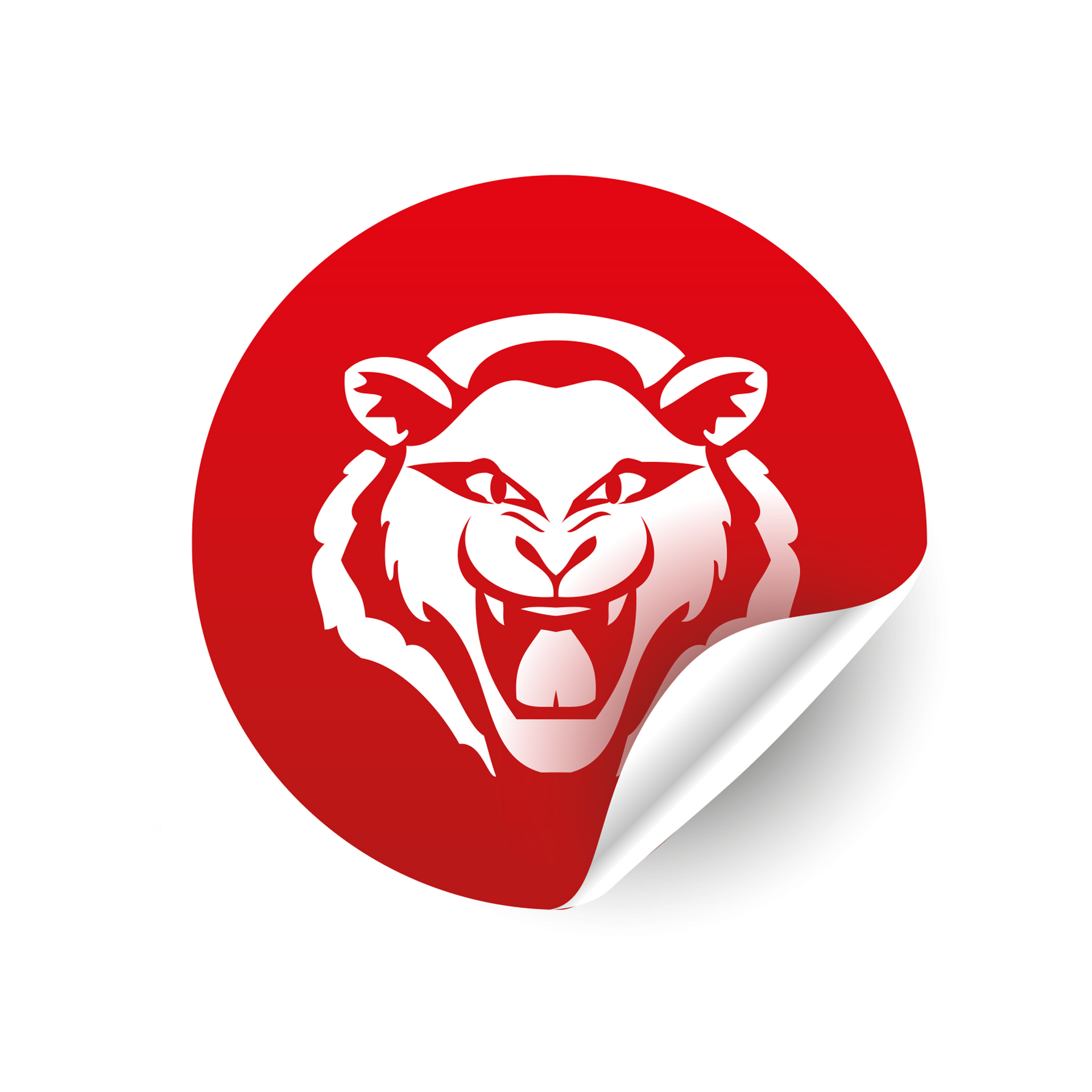 a red sticker with a white lion on it