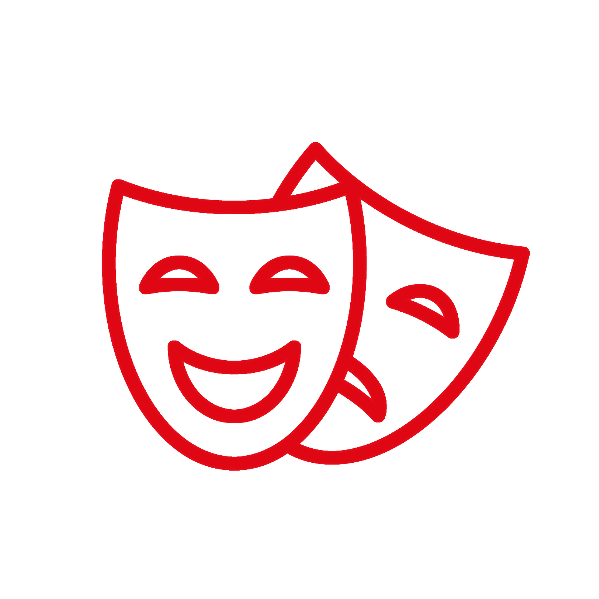 a red line drawing of two comedy masks on a white background