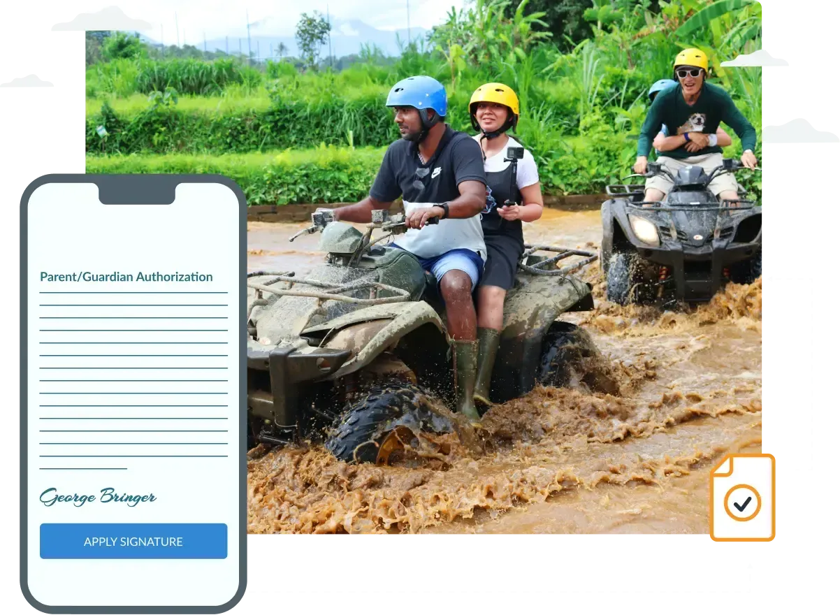 A group of people are riding atvs through a muddy river.