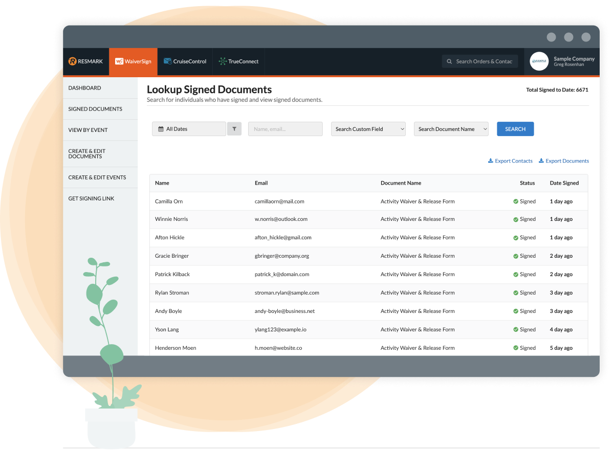 Dashboard displaying a list of contacts with filter options and details like name, email, and status.