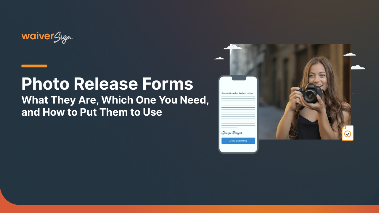 A photo release form with text and a smiling woman with a camera, plus a smartphone mockup.