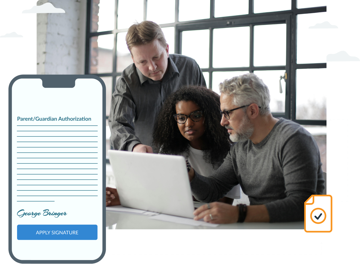 3 people looking at a laptop and an animated photo on top of the image showcasing a waiver