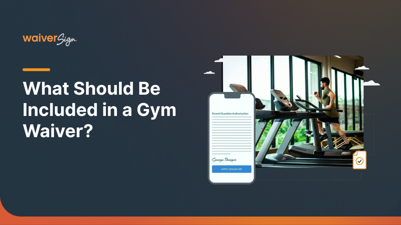 Gym waiver advertisement with a smartphone mock-up, text, and a man running on a treadmill in a gym.