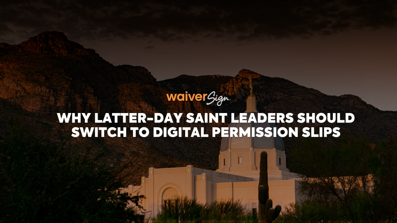 LDS church with mountains and white text overtop