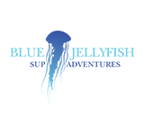 The logo for blue jellyfish sup adventures has a jellyfish on it.