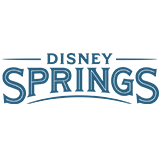 The logo for disney springs is blue and white.