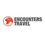 A logo for encounters travel with a globe in the middle.