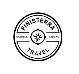 The logo for finisterra travel is a black and white circle with a star in the middle.