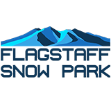 A logo for flagstaff snow park with a mountain in the background.