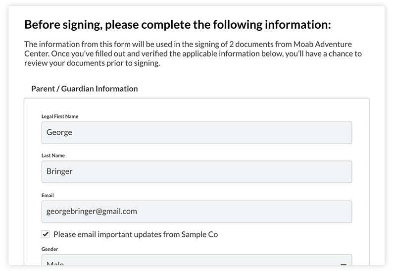 digital waiver contact fields