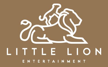Logo of Little Lion Entertainment: white lion with a cub on a brown background.