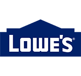 A lowe 's logo with a blue building in the background
