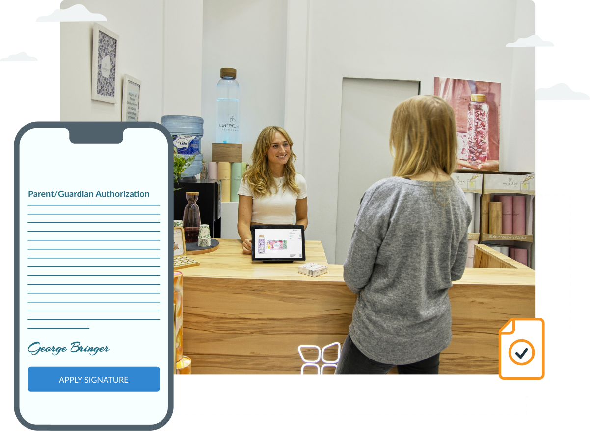 A woman is standing at a counter talking to another woman.