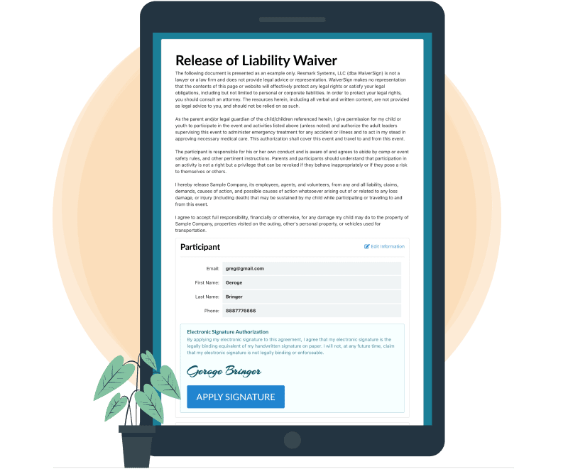 A tablet with a release of liability waiver on it.