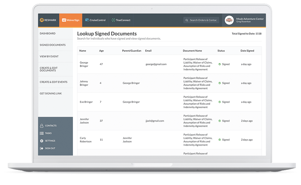 Online Waiver Software Interface on Laptop