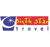 A logo for sixth star travel with a crescent moon and a star.