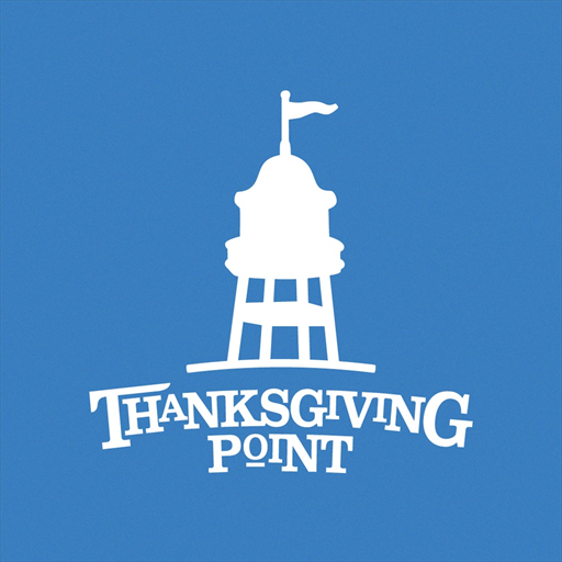 Thanksgiving Point logo: white water tower silhouette on blue background. 
