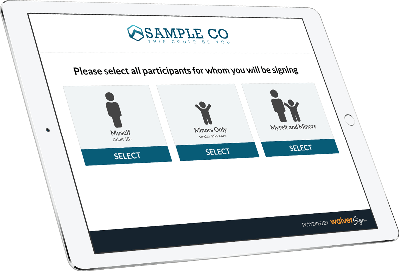 WaiverSign software dashboard interface on tablet