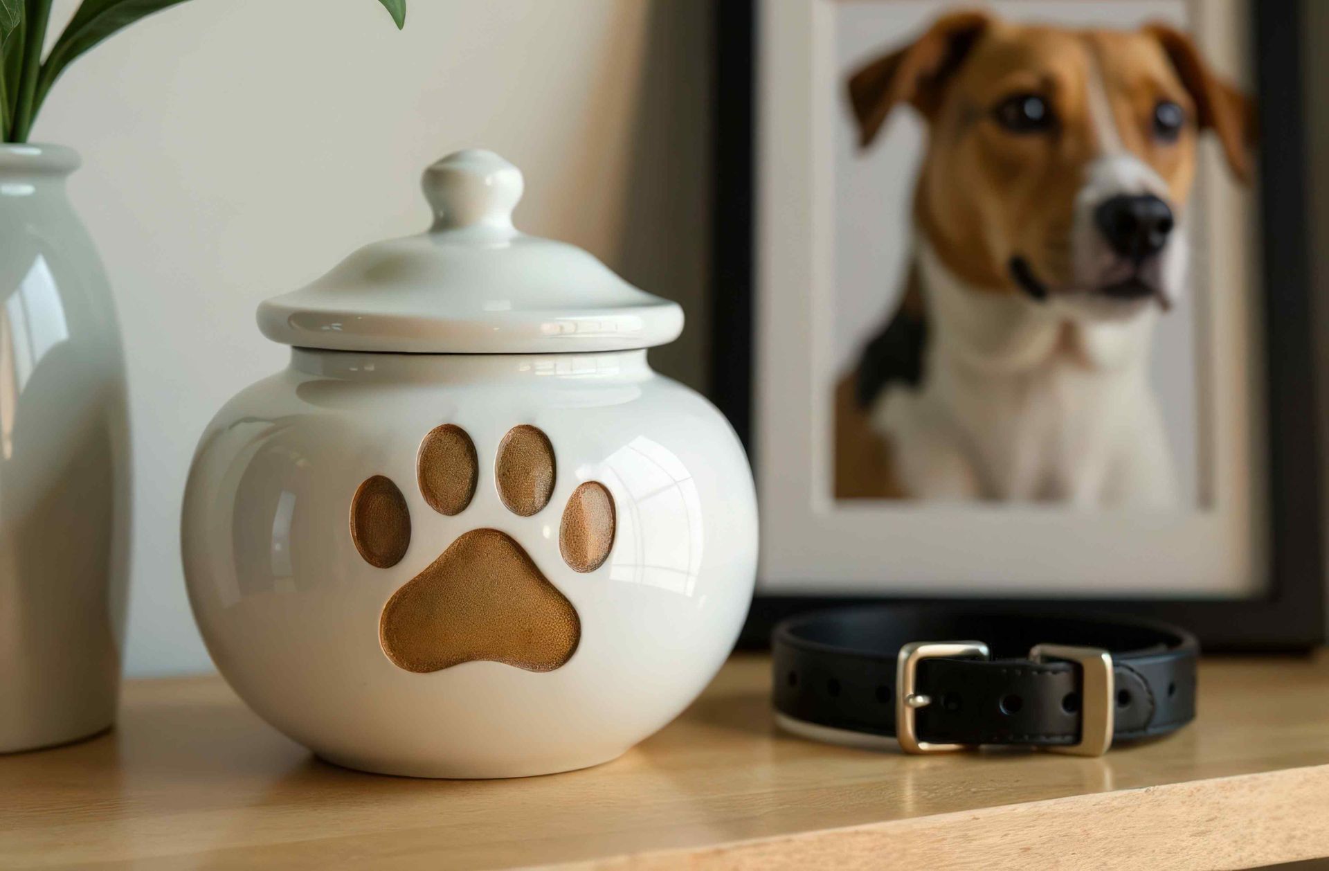 Cream pet cremation urn with paw print, dog collar, and framed dog portrait on a wooden shelf.