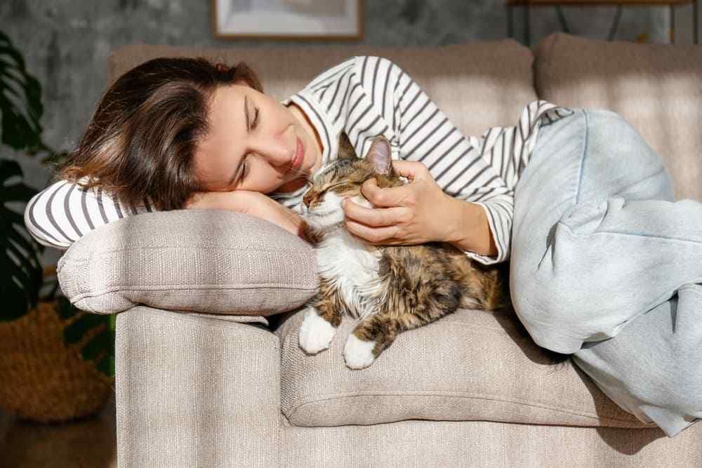 A woman is laying on a couch holding a cat.