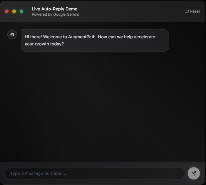 Dark chat interface demo with a greeting message and a message input bar.