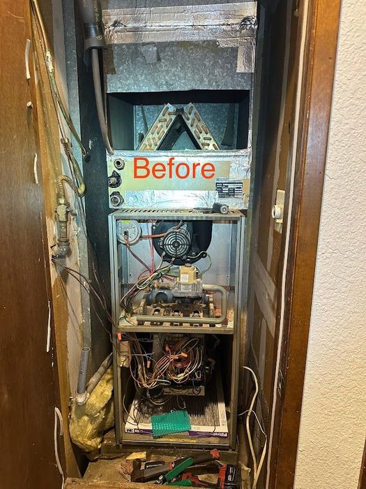 Damaged electrical panel in a narrow wall cavity, labeled “Before,” with exposed wires and rust.
