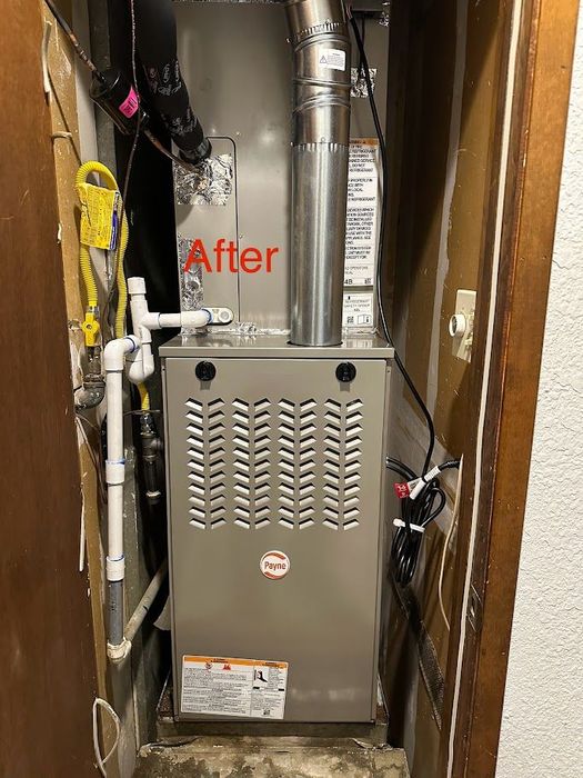 Furnace in a narrow utility closet with exposed pipes and ductwork, labeled “After” in red.