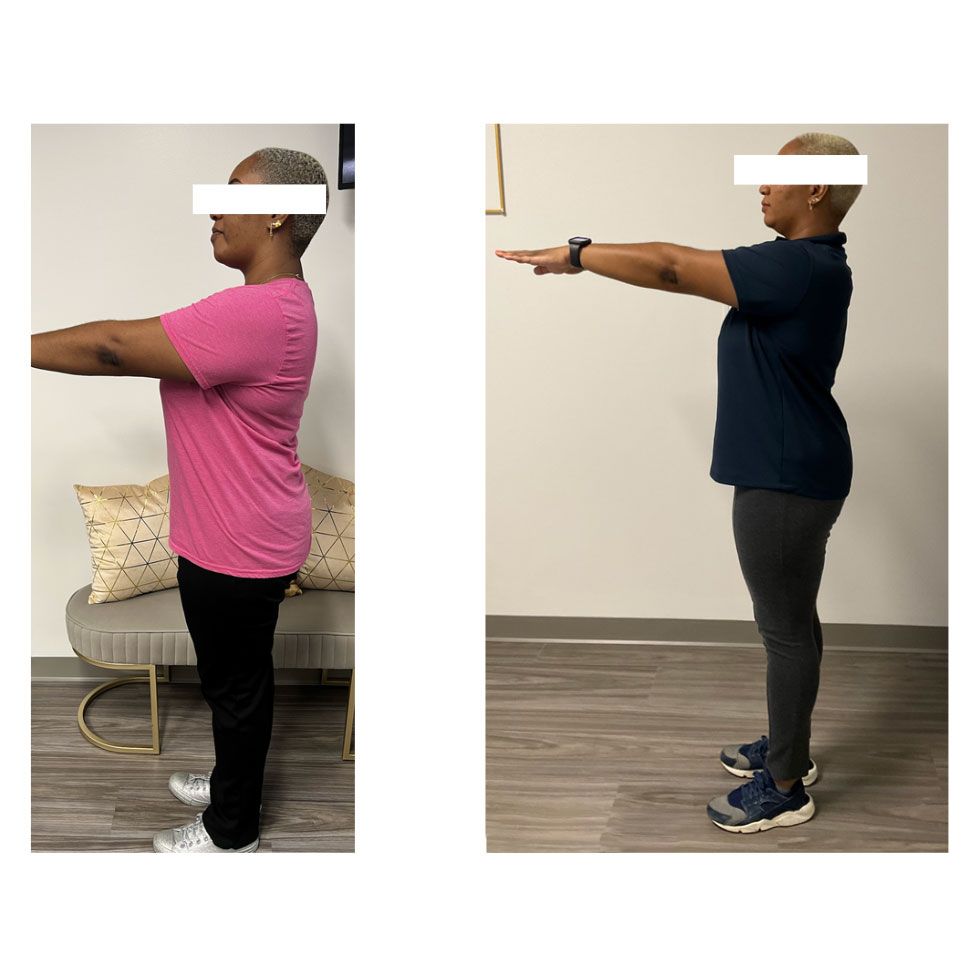 A woman in a pink shirt and a woman in a blue shirt are standing next to each other.