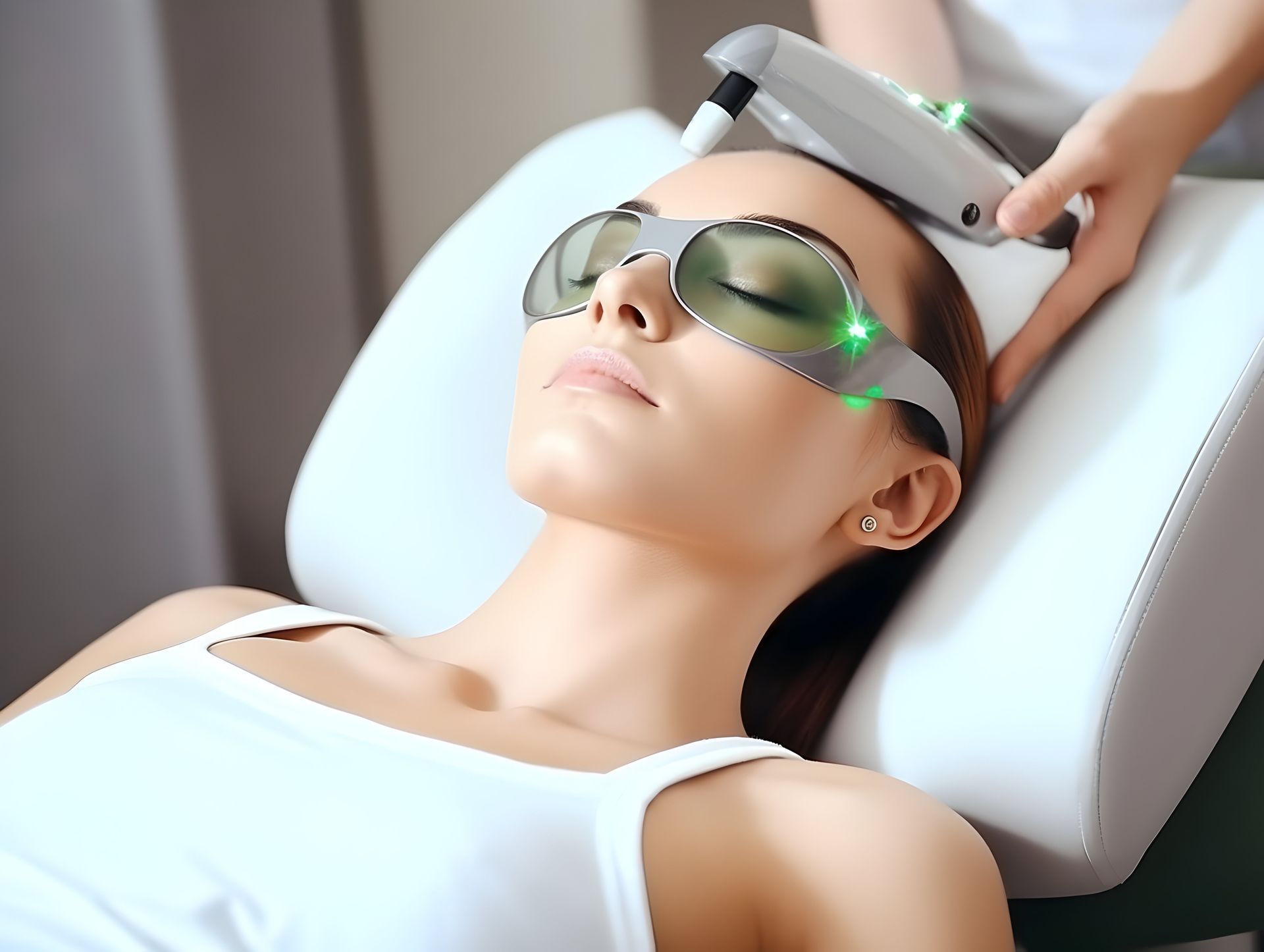 A woman wearing sunglasses is getting a laser treatment on her face.