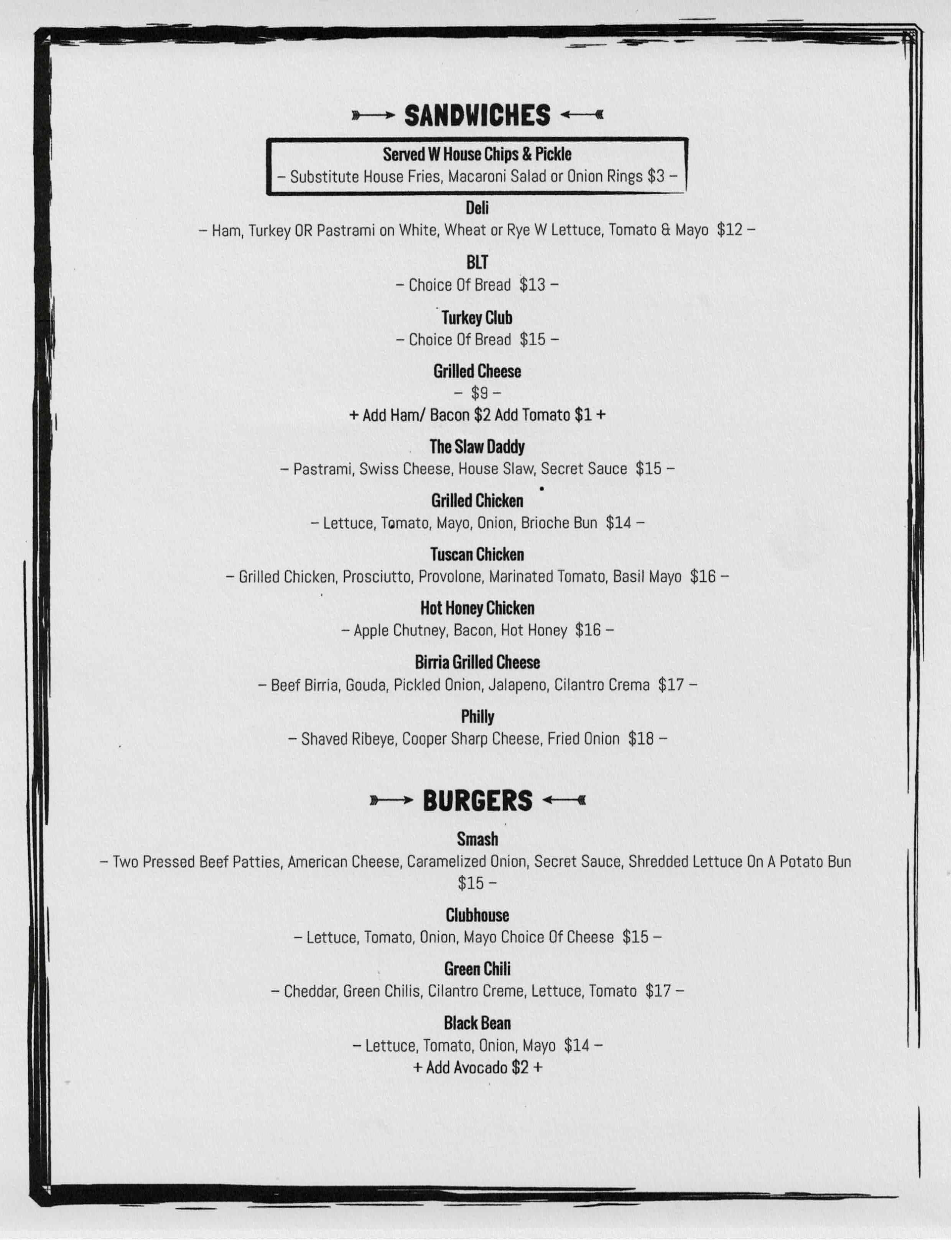 A black and white restaurant menu listing Sandwiches and Burgers with item names and descriptions.