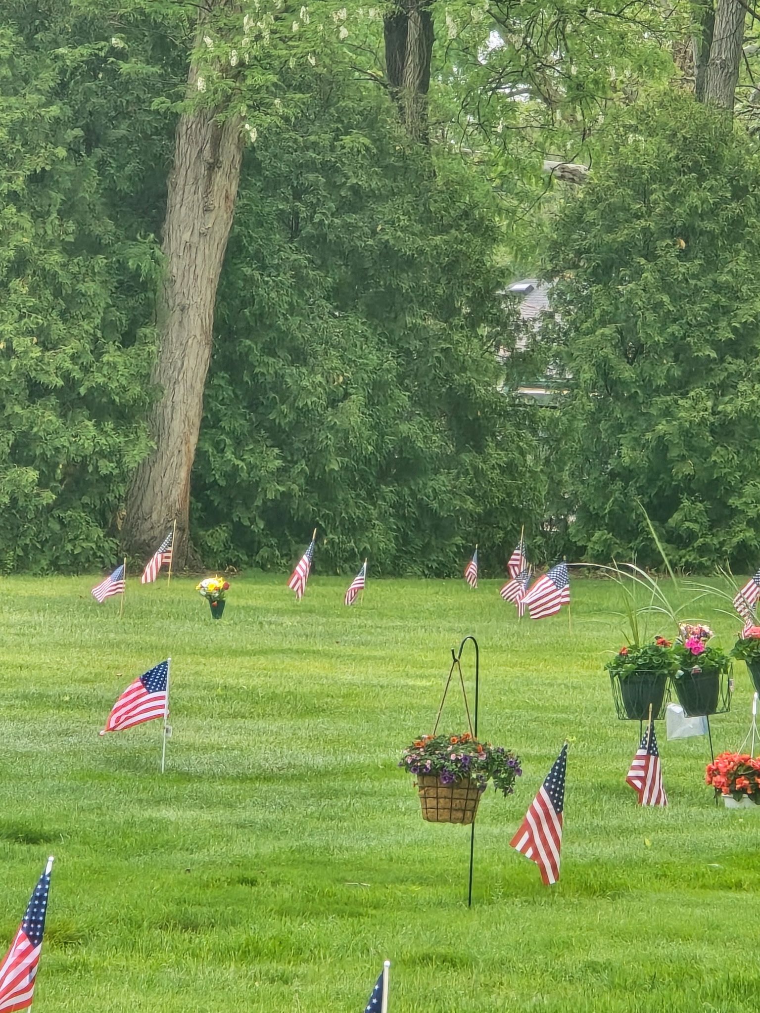 American flags and flowers in a green cemetery with trees in the background