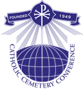 Catholic Cemetery Conference logo with purple globe, rays, and banner reading “Founded 1949”