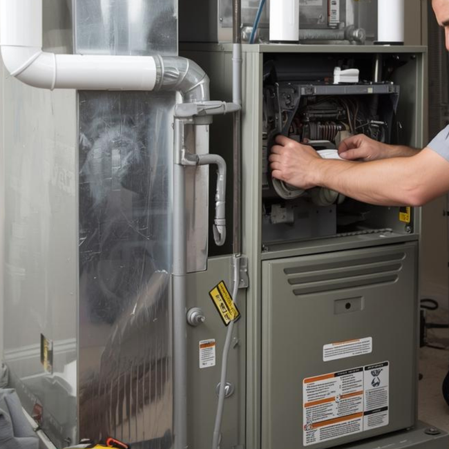 Technician adjusting the open panel of a gray furnace beside ductwork in a utility room