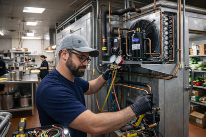 Technician wiring a metal machine in a workshop, wearing a cap, glasses, and gloves.
