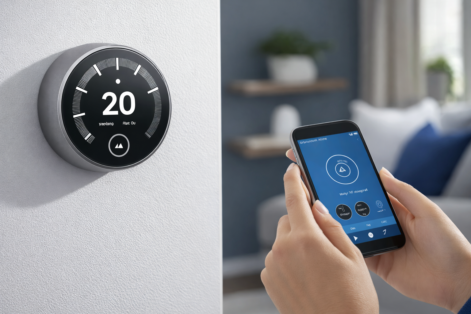 Smart thermostat on wall beside a person holding a phone with a matching control app