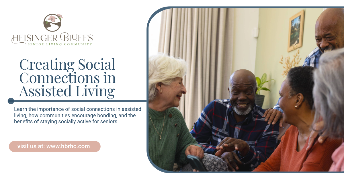 A group of seniors laughing together in assisted living