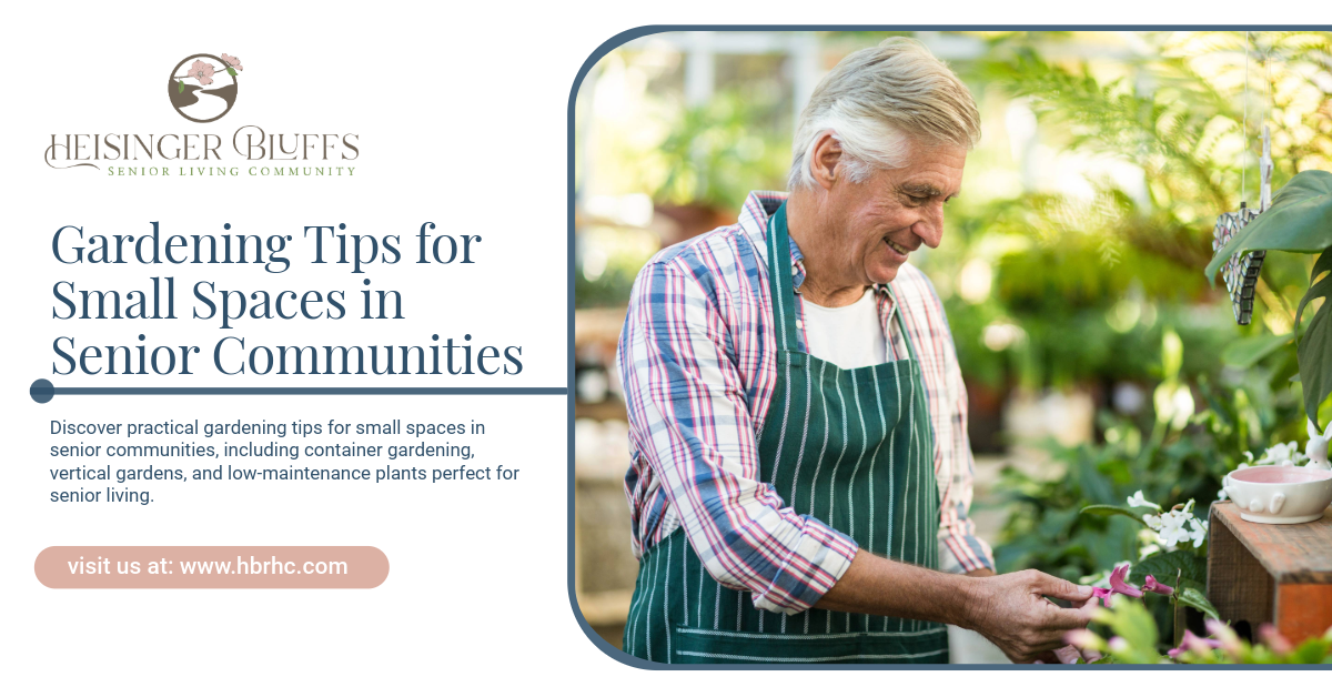 An elderly man is gardening in a senior community, wearing an apron.