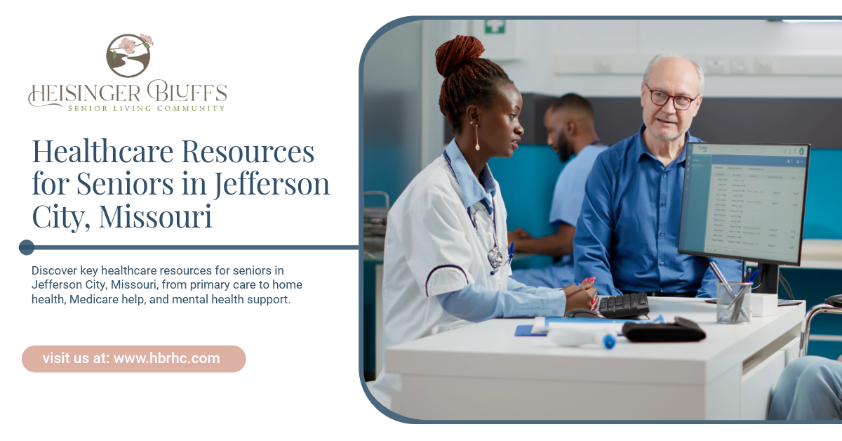 Hospital staff helping a senior patient at a computer in Jefferson City, Missouri