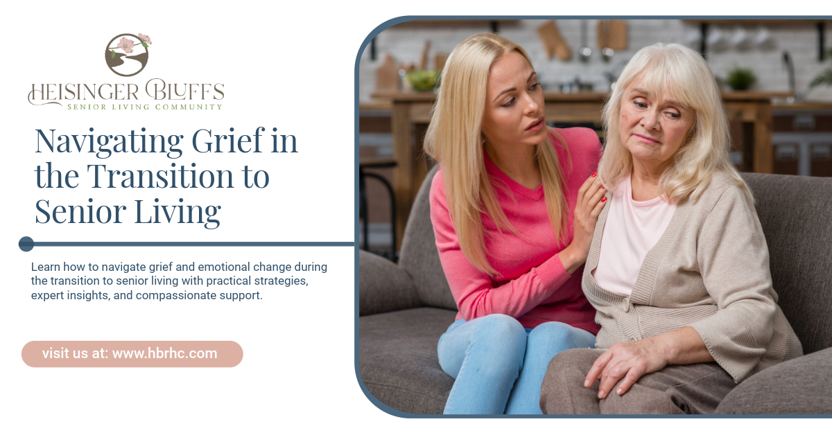 A woman is comforting her senior mother, who is grieving as she transitions to senior living